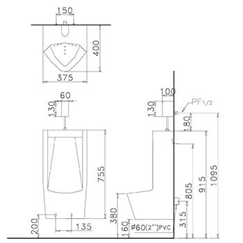 Bản vẽ kỹ thuật bồn tiểu Caesar U0282