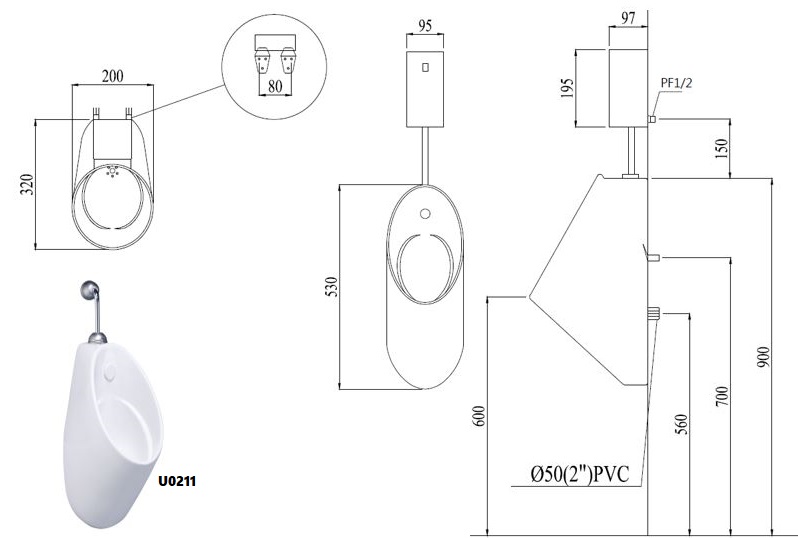 Bản vẽ kỹ thuật bồn tiểu Caesar U0211