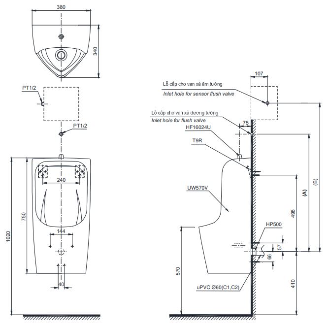 Bản vẽ bồn tiểu nam TOTO UT570T