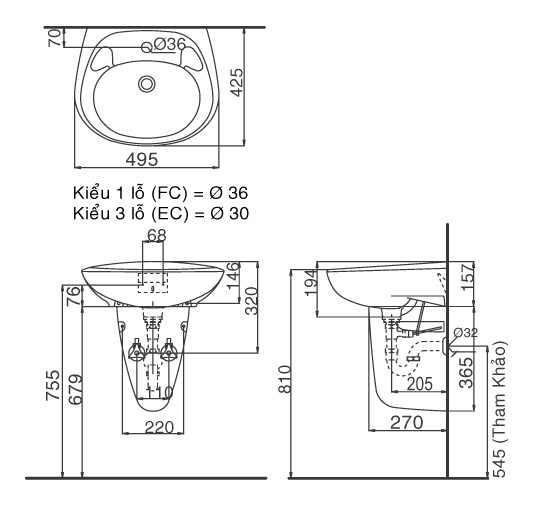 Bản vẽ bồn rửa mặt lavabo INAX L284V kèm chân L284VC