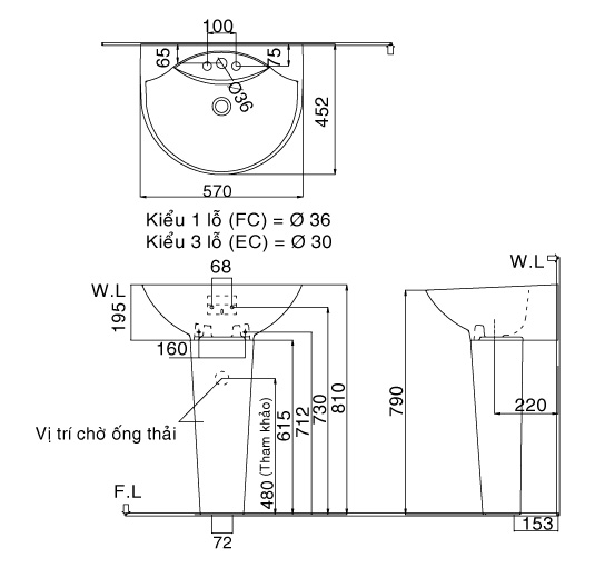 Bản vẽ bồn rửa mặt lavabo INAX L285V kèm chân L288VD