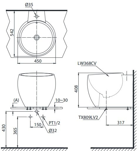 Bản vẽ lavabo LT368 TOTO đặt bàn