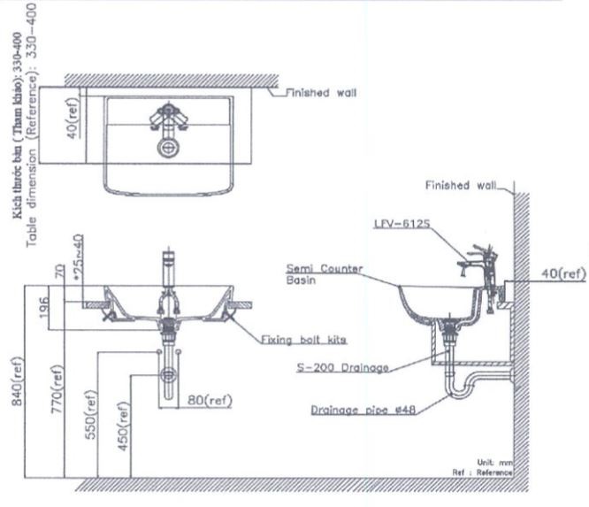 Bản vẽ kỹ thuật chậu lavabo Inax AL345V