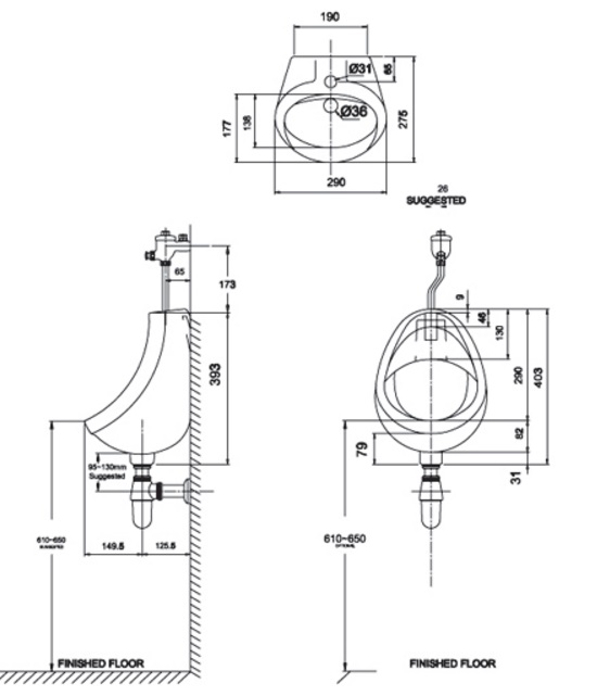 Bản vẽ kỹ thuật bồn tiểu American VF0414