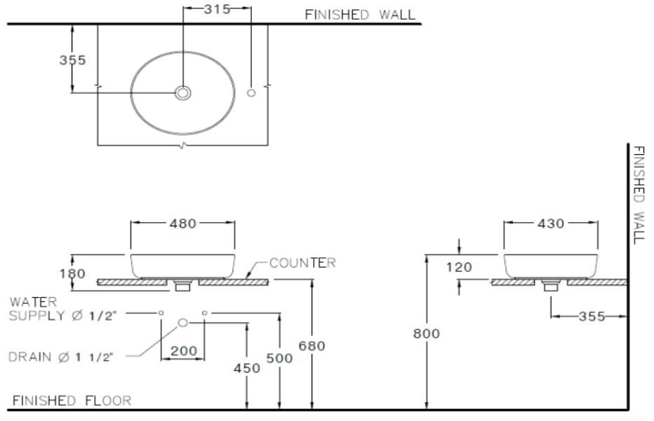 Bản vẽ kích thước chậu lavabo đặt bàn C 00080 Cotto