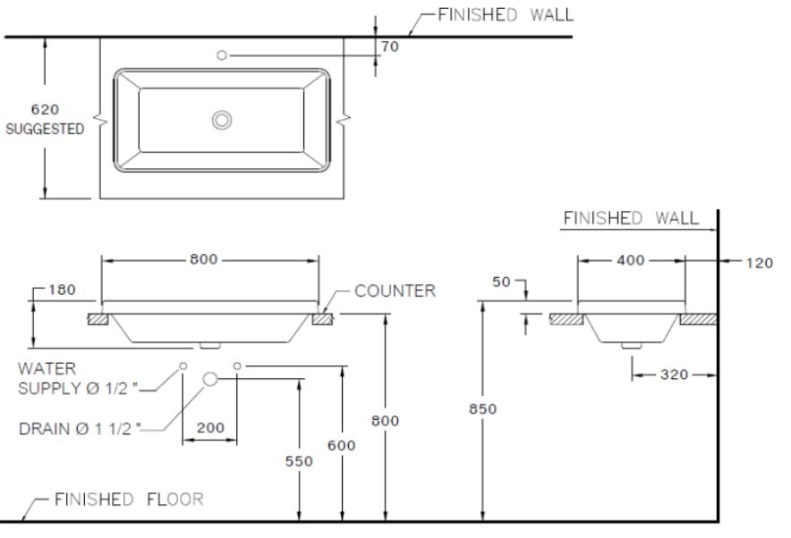 Bản vẽ kích thước chậu lavabo đặt bàn C 001027 Cotto