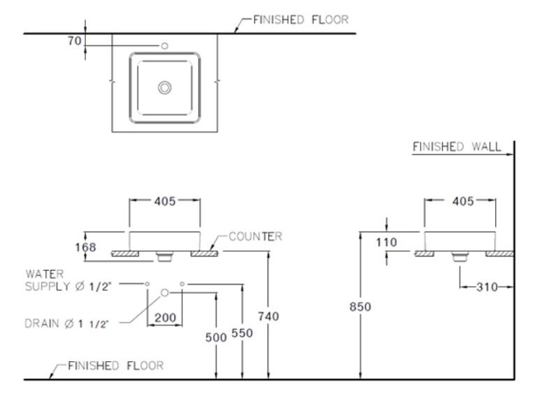 Bản vẽ kỹ thuật chậu lavabo đặt bàn C00341(MBK) Cotto vuông