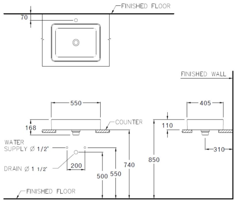 Bản vẽ kích thước chậu lavabo đặt bàn C00342 MBK  Cotto