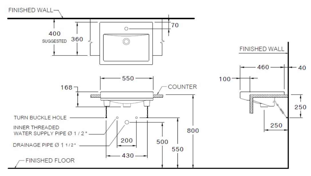 Bản vẽ kích thước chậu dương vành C02460 Cotto