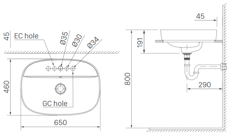 Bản vẽ lavabo AL-652V INAX đặt bàn đá