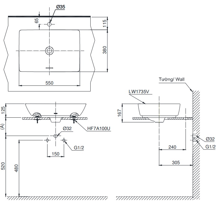 Bản vẽ lavabo LT1735 TOTO đặt bàn