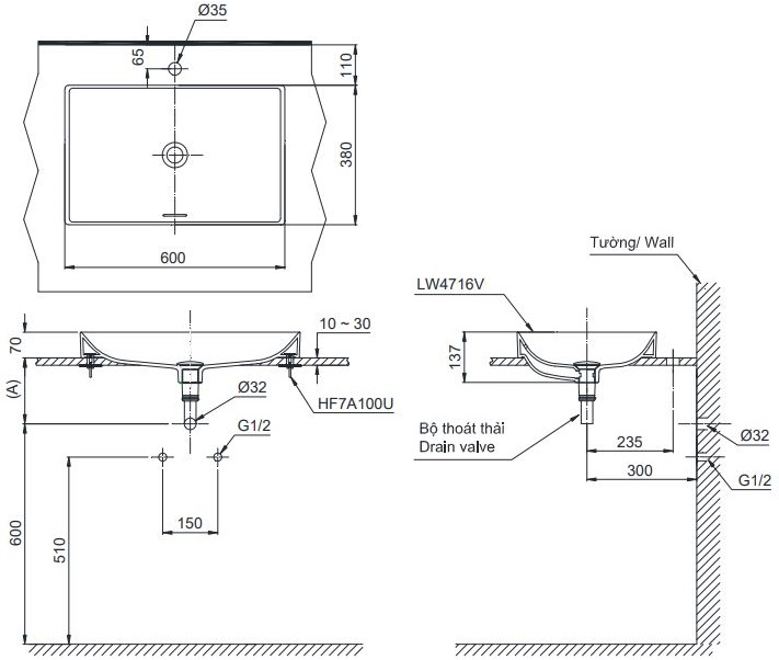 Bản vẽ chậu rửa mặt TOTO LT4716 G19