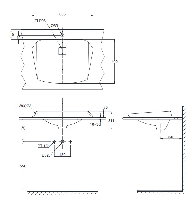 Bản vẽ bồn rửa mặt lavabo TOTO LT682