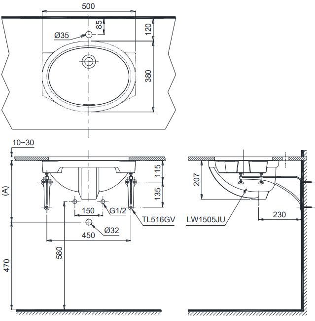 bản vẽ lavabo LW 1505 TOTO âm bàn