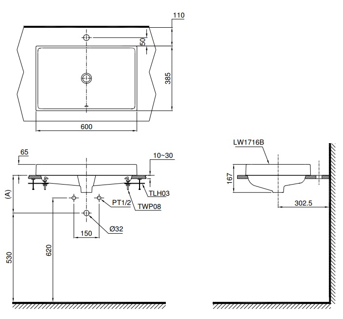 Bản vẽ bồn rửa mặt lavabo TOTO 1716