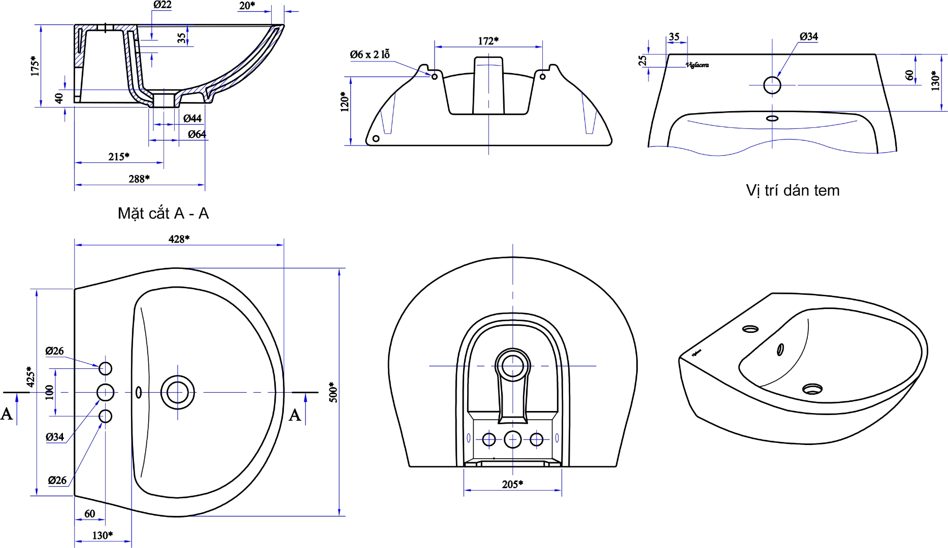 Bản vẽ chậu rửa mặt lavabo V36 Viglacera