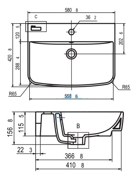 Bản vẽ kích thước lavabo Viglacera CD58 V58