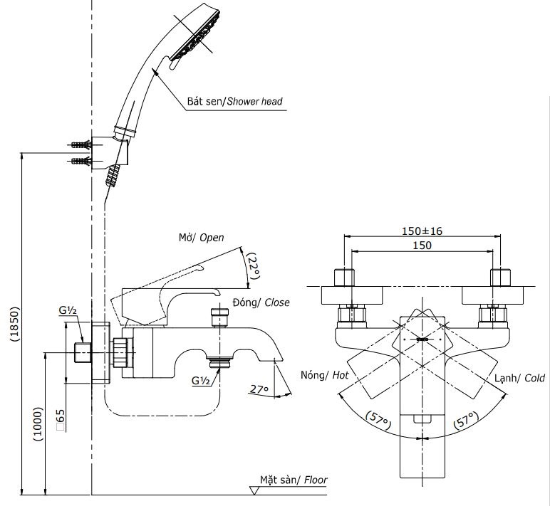 Bản vẽ bộ vòi sen TBG08302V+TBW02005A TOTO