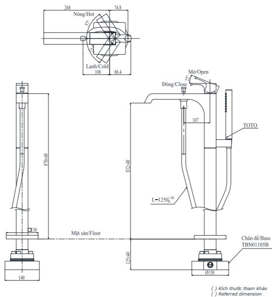 Bản vẽ kỹ thuật vòi xả bồn tắm Toto TBG08306 A TBN01105 B