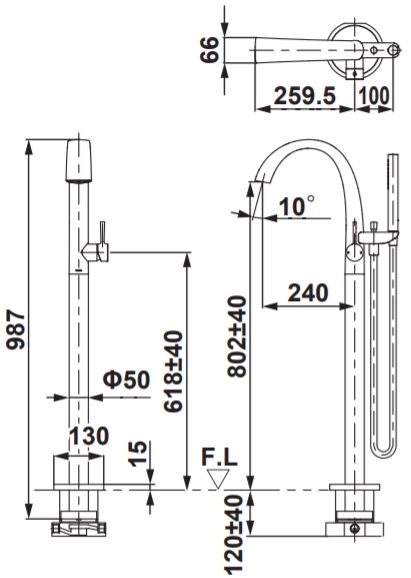 Bản vẽ vòi xả bồn tắm đặt sàn Toto TBP01301 A