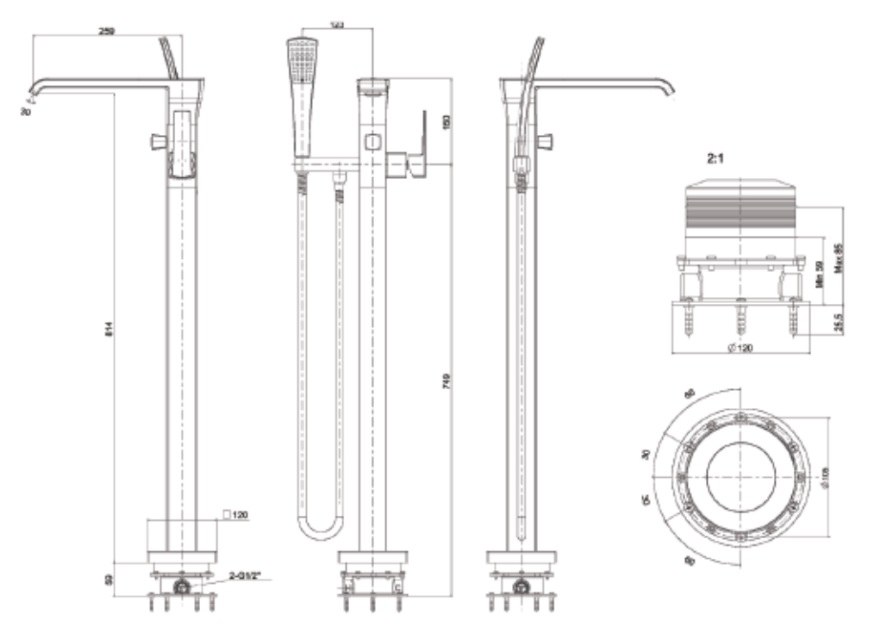 Bản vẽ kích thước vòi sen xả bồn WF0616 American Standard