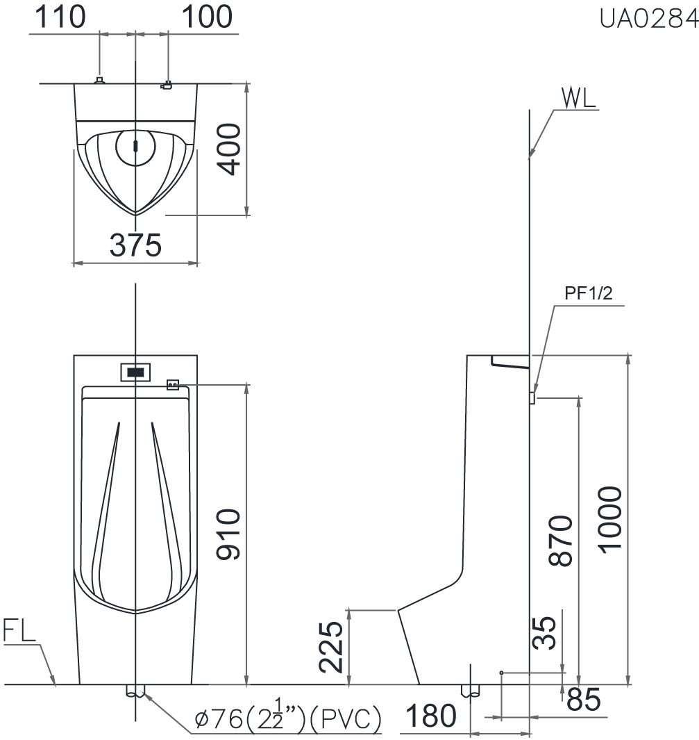 Bản vẽ kỹ thuật bệ tiểu Caesar UA0284