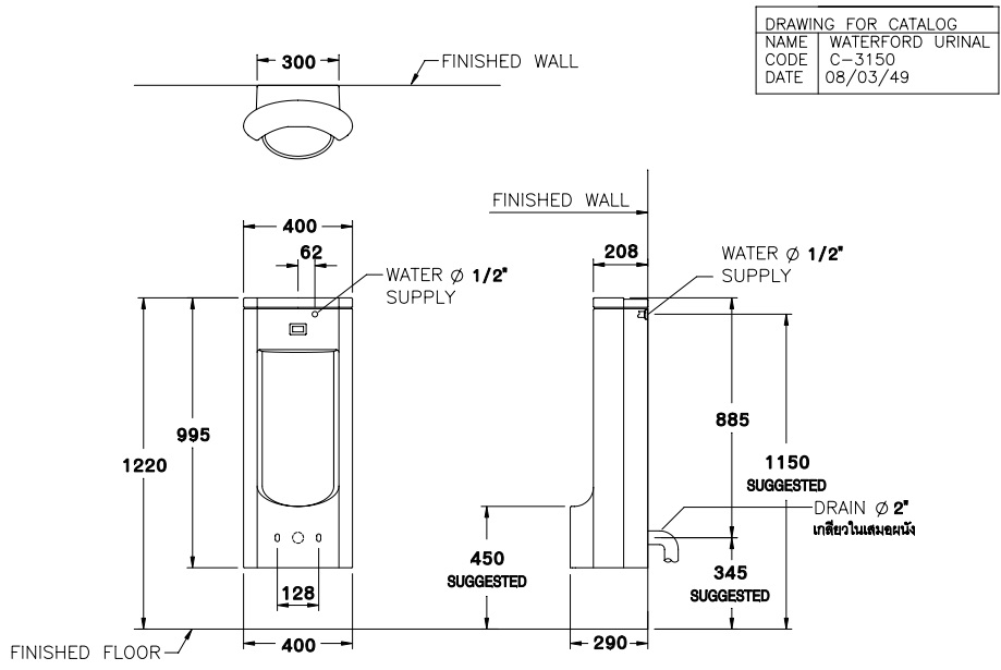 Bản vẽ kỹ thuật bồn tiểu nam Cotto cảm ứng C31507AC