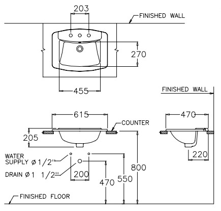 Bản vẽ kỹ thuật Lavabo âm bàn dương vành Cotto C0110