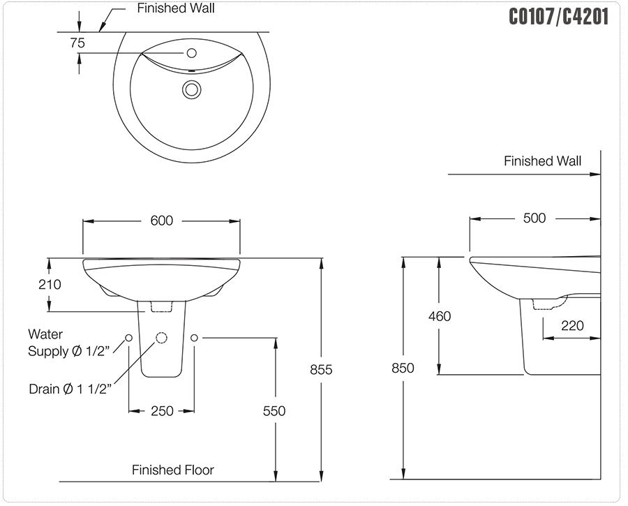 Bản vẽ kỹ thuật chậu lavabo Cotto C0107/C4201