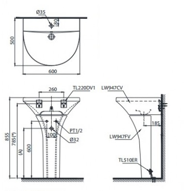 Bản vẽ kỹ thuật chậu rửa mặt TOTO LPT947CR