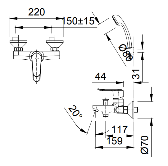 Bản vẽ kỹ thuật Vòi sen tắm nóng lạnh INAX BFV-2013S