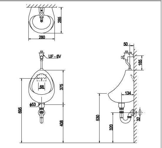 Bản vẽ bệ tiểu nam INAX U-116V treo tường