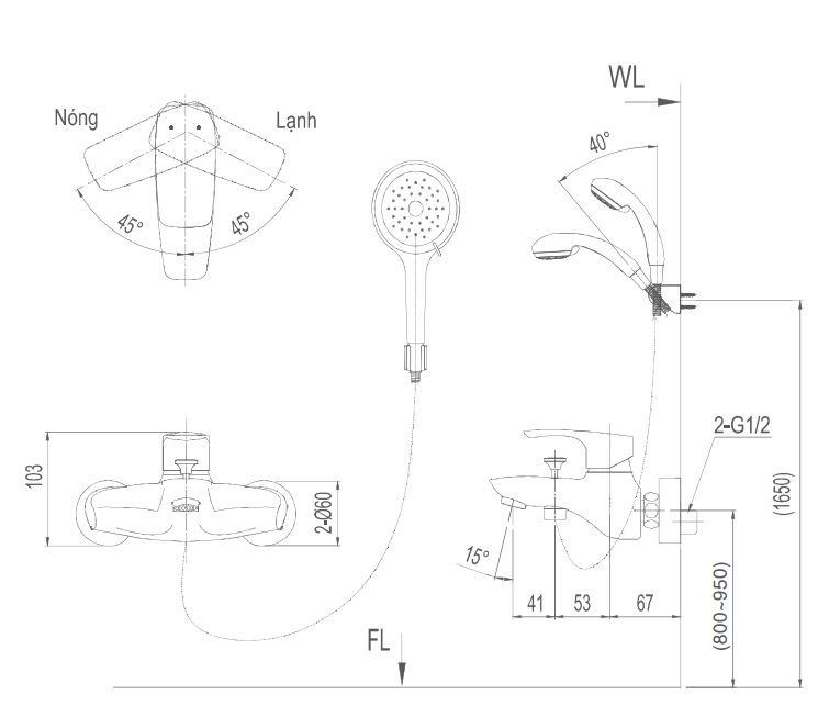 Bản vẽ kỹ thuật Vòi sen tắm nóng lạnh INAX BFV-213S